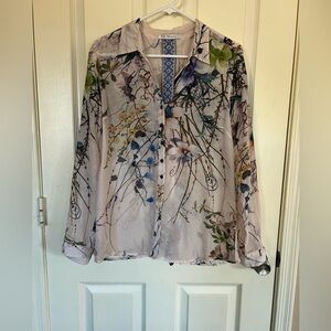 3J Workshop Floral Blouse Medium Sheer Button Front Boho Cottagecore Top